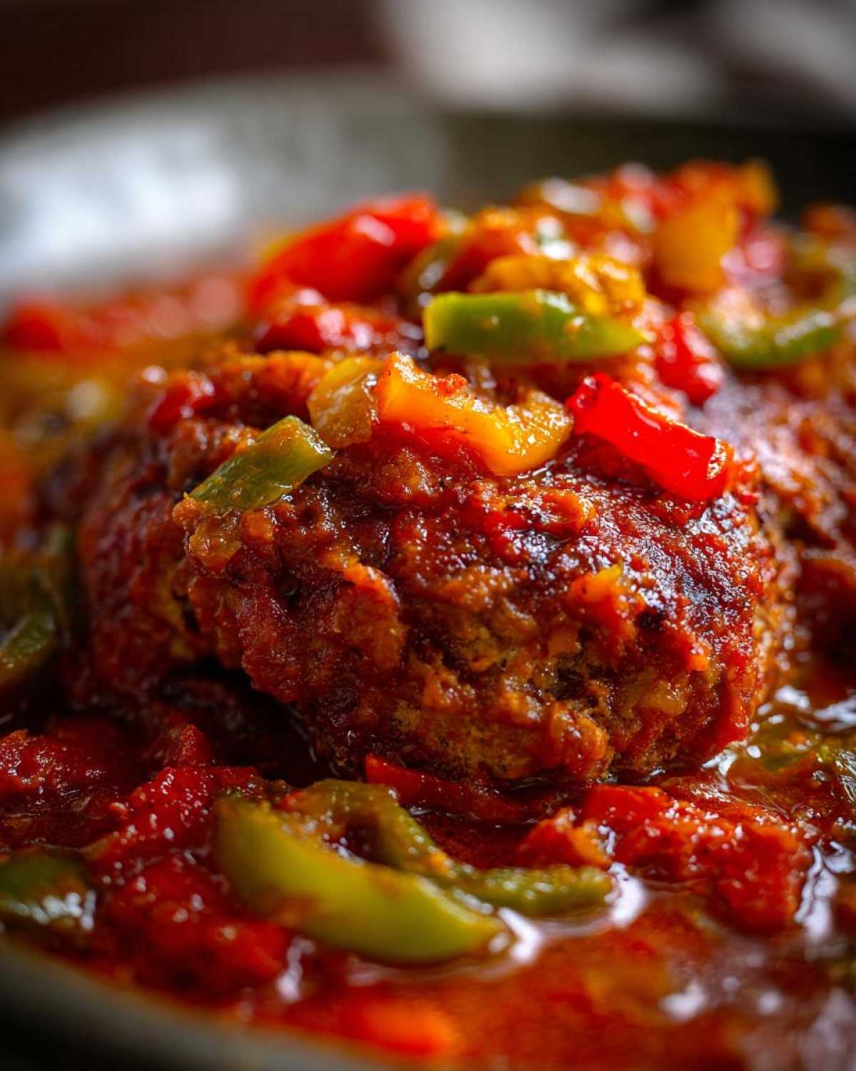 Close-up of smothered Swiss steak topped with a rich tomato sauce and colorful bell peppers.