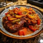 A plate of smothered Swiss steak topped with sauteed peppers and onions in a rich gravy.