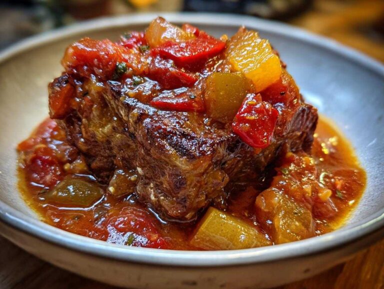 Close-up of smothered Swiss steak topped with tomatoes and peppers in a rich sauce.