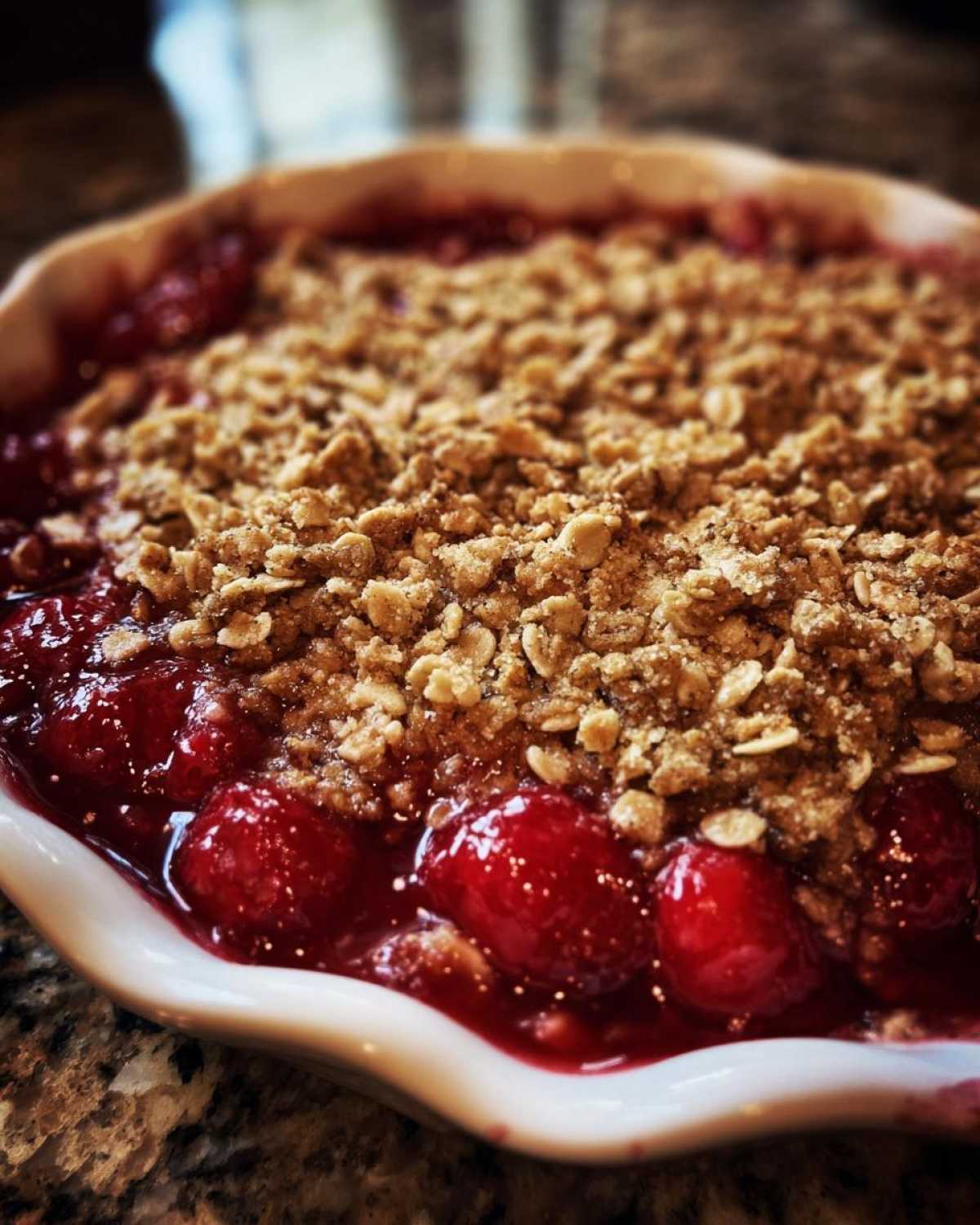 Close-up of a homemade sour cherry crisp with a golden oat topping in a white baking dish.