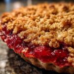 A close-up of a freshly baked sour cherry crisp with a golden brown crumble topping and juicy cherry filling.