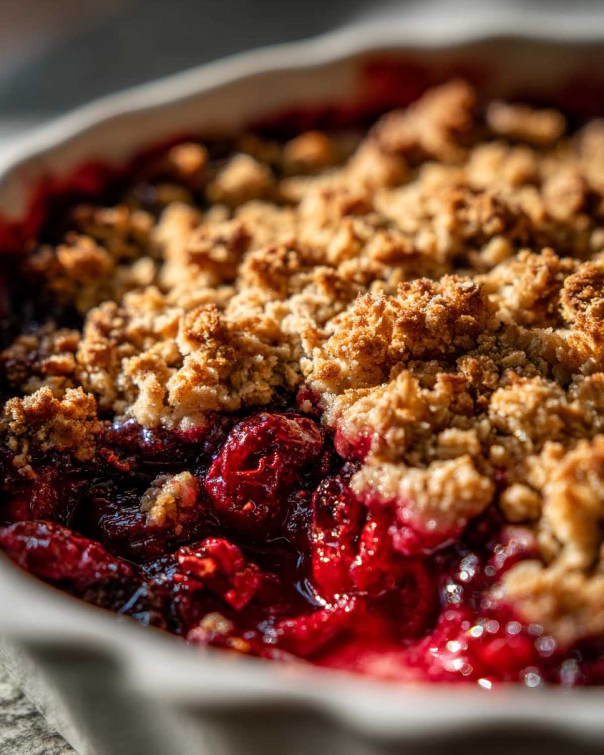 A close-up shot of a freshly baked sour cherry crisp with a golden brown crumble topping.