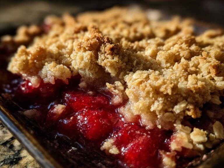 Close-up of a freshly baked sour cherry crisp with a golden brown crumble topping.