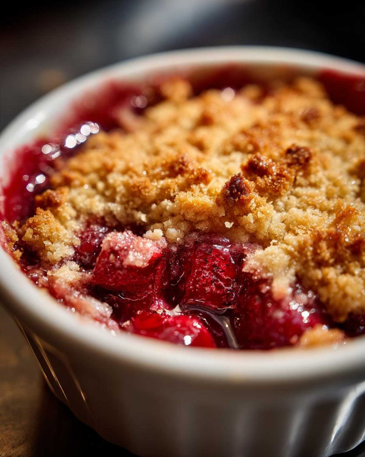Close-up of a freshly baked sour cherry crisp in a white ramekin, showcasing the juicy cherries and golden crumble topping.