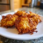 A plate of golden-brown spaghetti squash fritters, showcasing their crispy texture and appealing presentation.