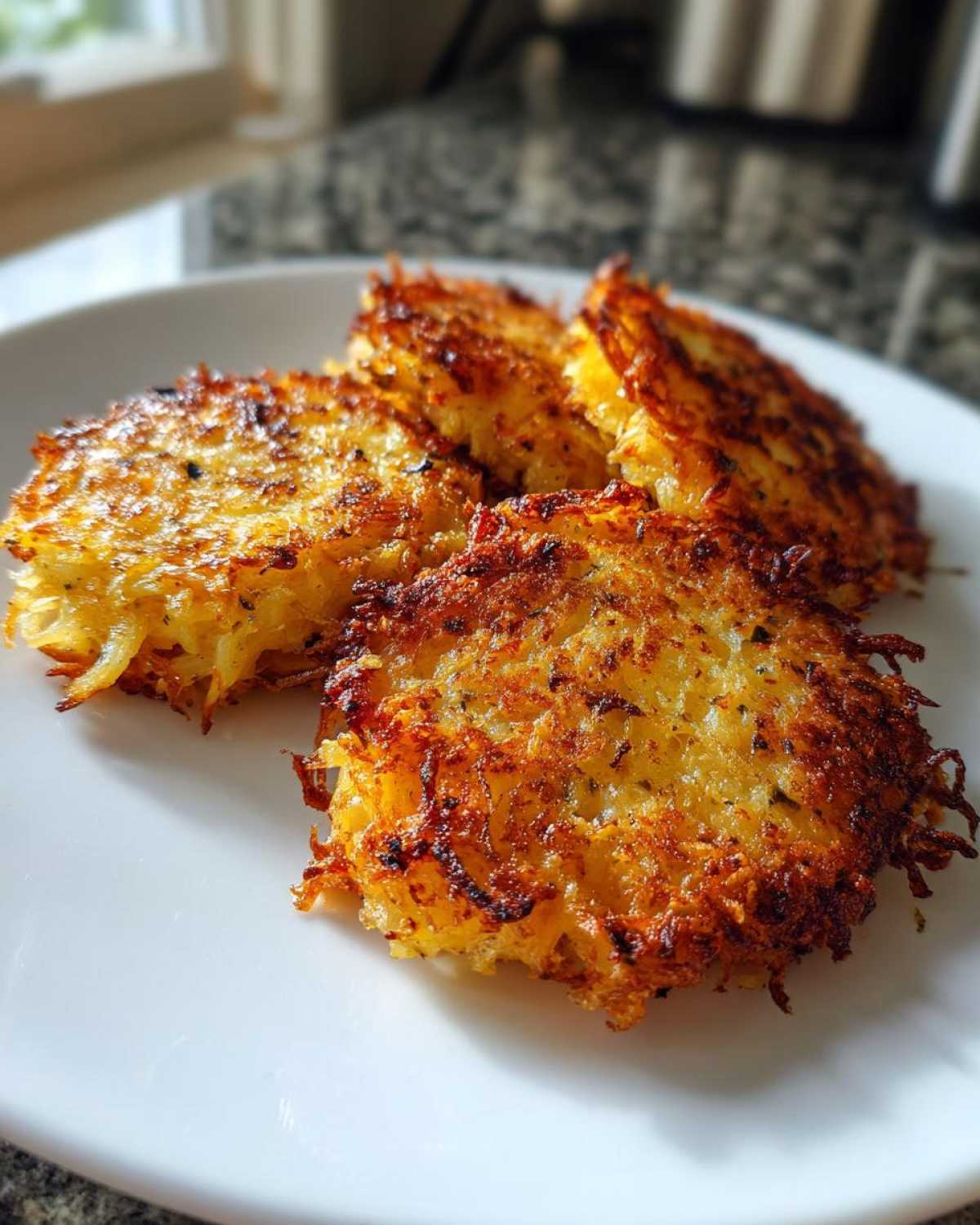 Three golden-brown Spaghetti squash fritters are arranged on a white plate, showcasing their crispy texture.