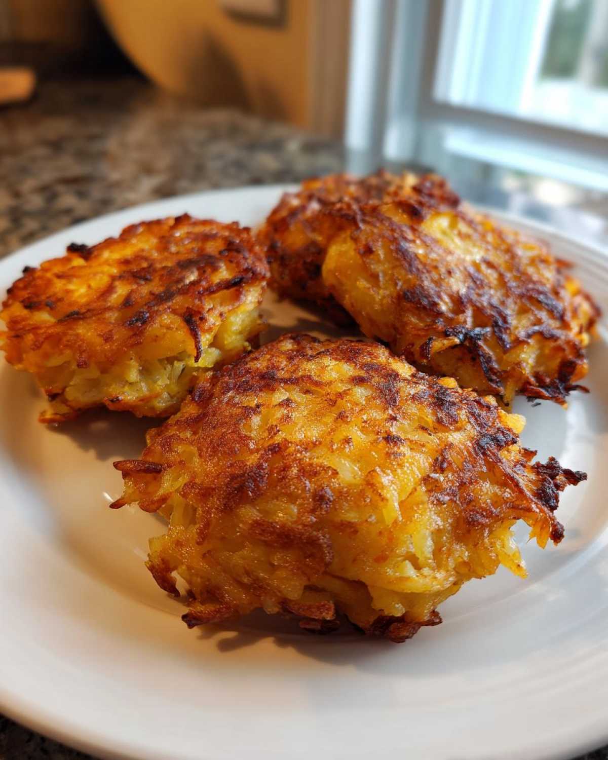 A plate of golden-brown spaghetti squash fritters, showcasing their crispy texture and appealing color.