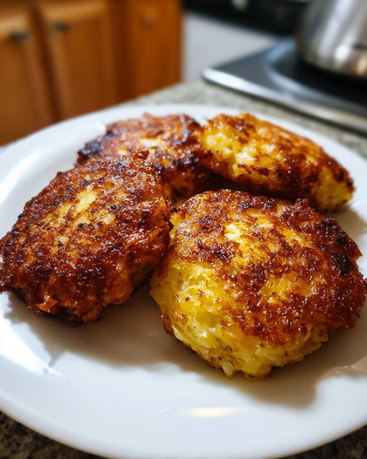 Four golden-brown spaghetti squash fritters arranged on a white plate, showcasing their crispy texture.