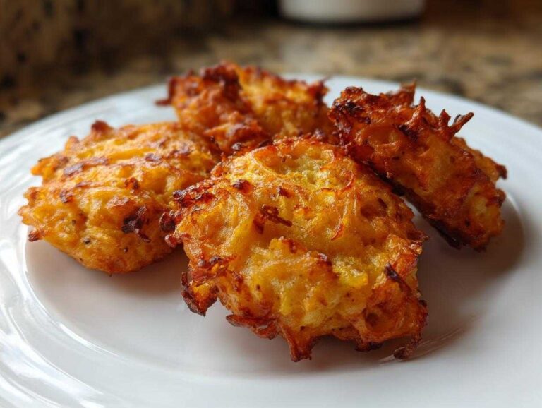 Close-up of golden brown spaghetti squash fritters on a white plate, showcasing their crispy texture.