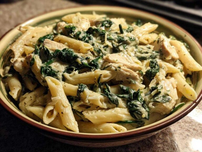 Bowl of creamy spinach artichoke pasta with penne, spinach, artichoke hearts, and chicken.