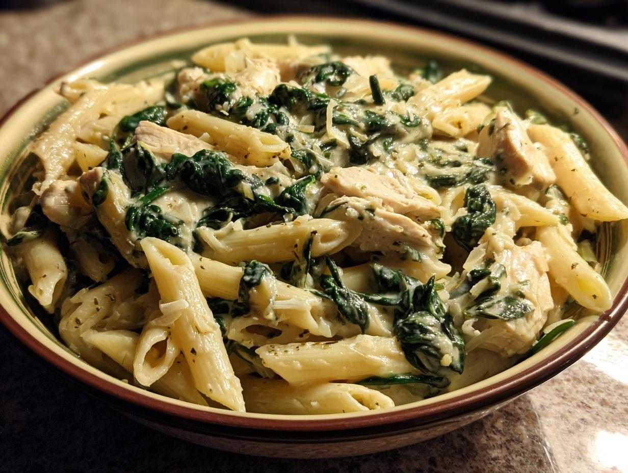 Bowl of creamy spinach artichoke pasta with penne, spinach, artichoke hearts, and chicken.