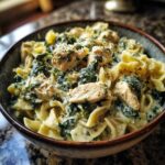 Bowl of creamy spinach artichoke pasta with chicken, topped with herbs and parmesan cheese.