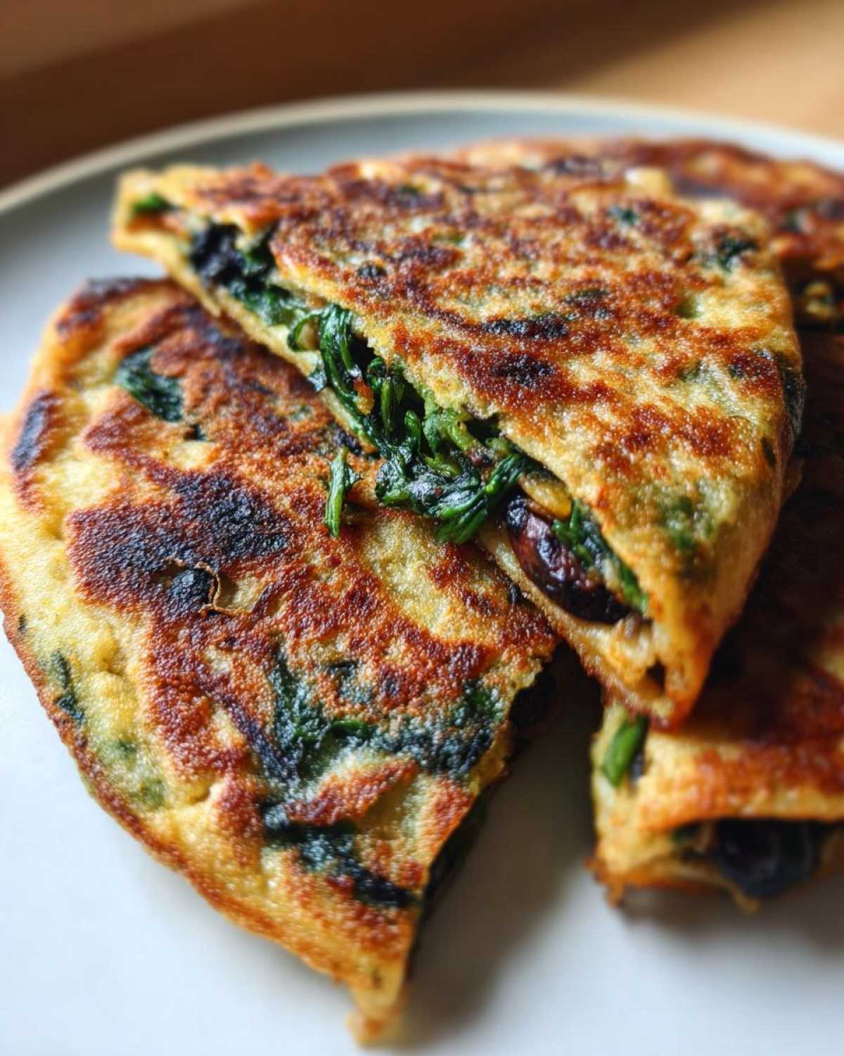 Close-up of Spinach Black Bean Folded Wraps, showing the spinach and black bean filling.