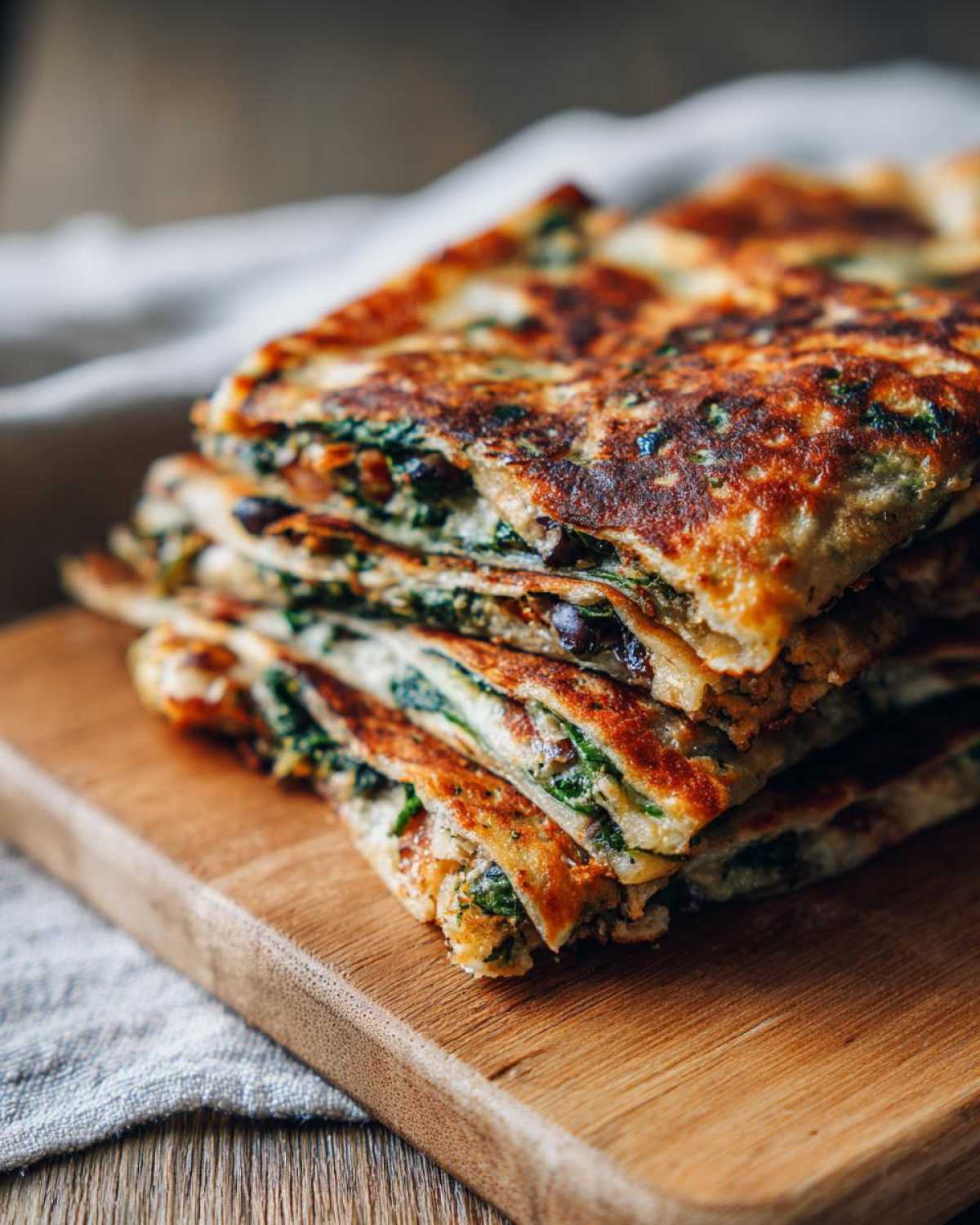 A stack of golden-brown Spinach Black Bean Folded Wraps on a wooden board, showcasing the layers of spinach and black beans.
