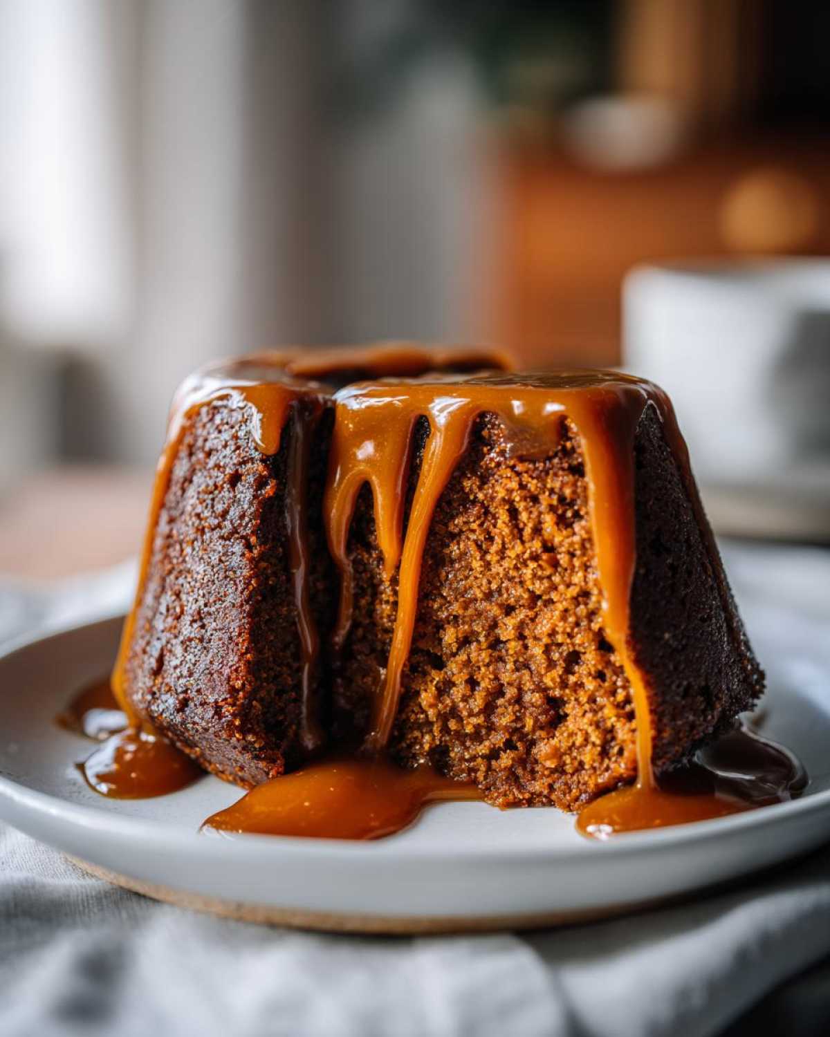 Close-up of a moist Sticky Toffee Pudding drizzled with caramel sauce on a white plate.