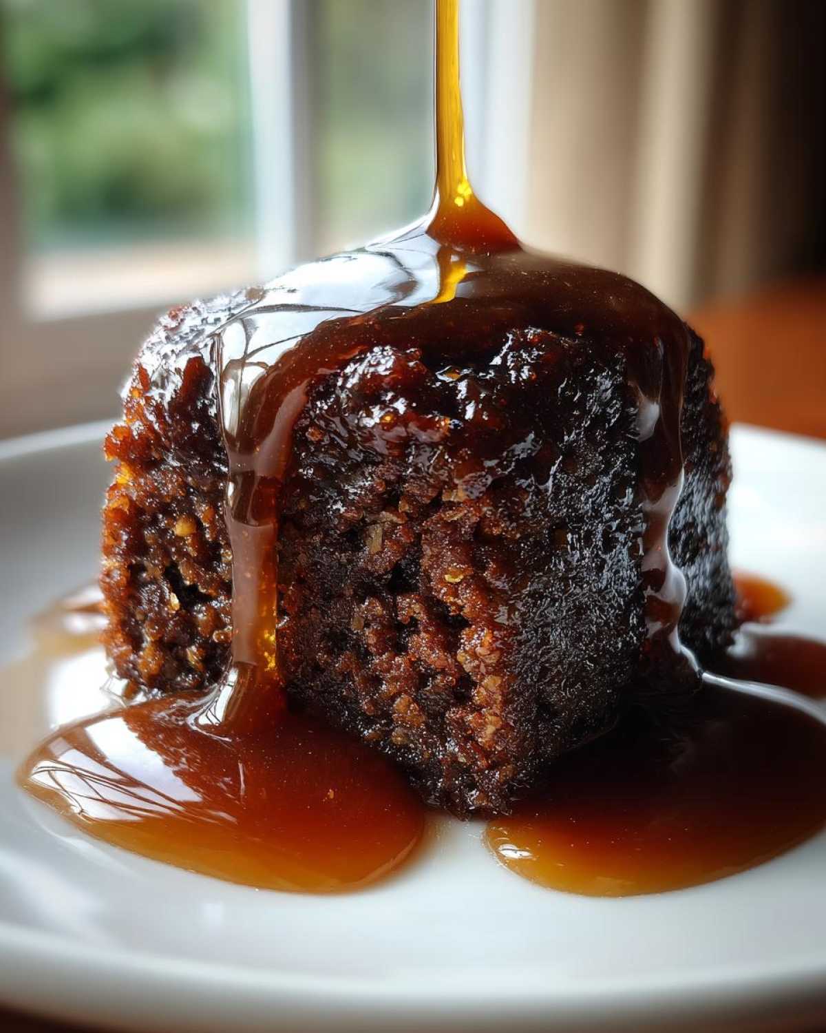 Close-up of Sticky Toffee Pudding with caramel sauce being poured over it on a white plate.
