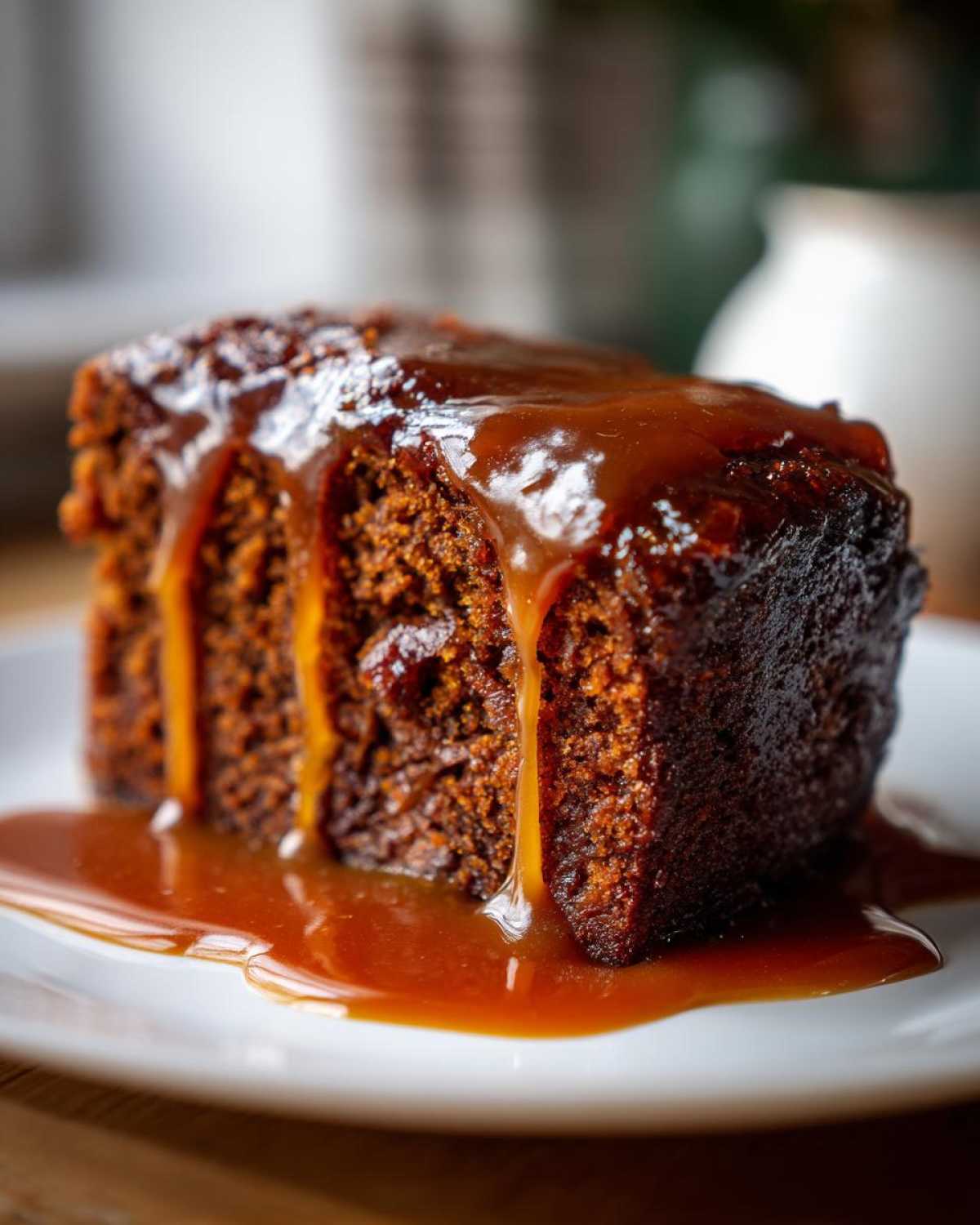 A slice of Sticky Toffee Pudding on a white plate, drizzled with rich toffee sauce.