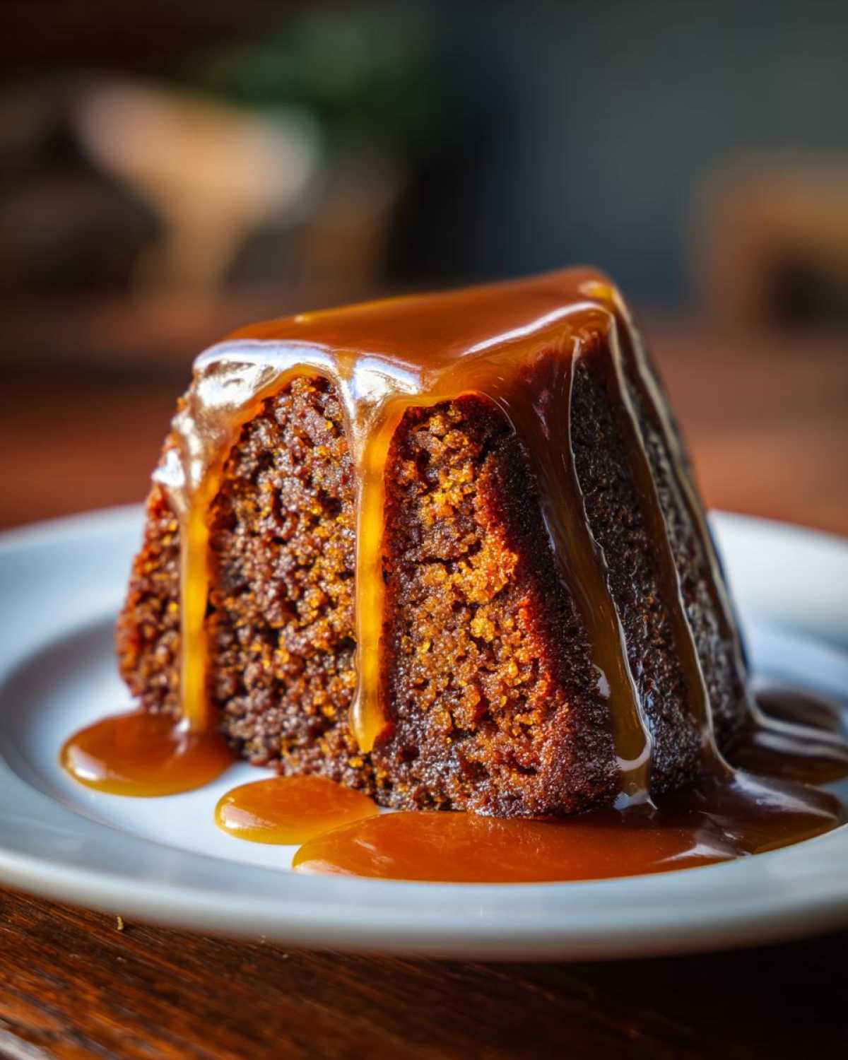 A slice of Sticky Toffee Pudding on a white plate, drizzled with caramel sauce.