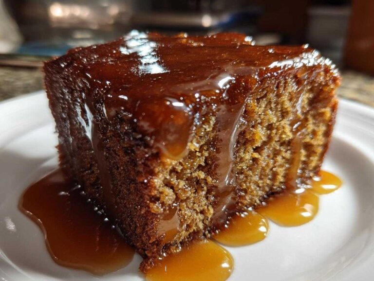 A close-up of a slice of sticky toffee pudding, glistening with caramel sauce on a white plate.