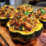 Close-up of stuffed acorn squash halves filled with quinoa, sausage, cranberries, and kale.