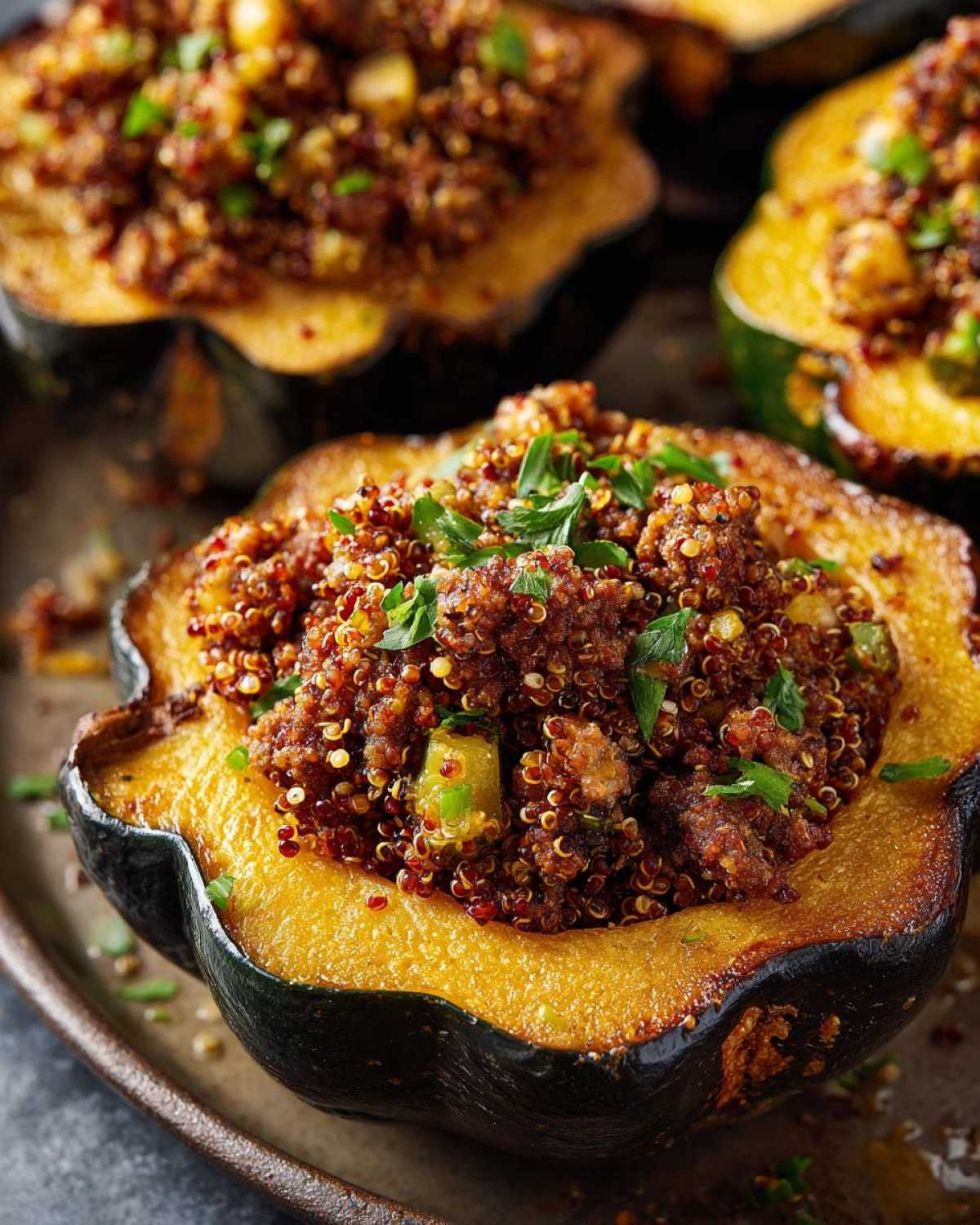 Close-up of stuffed acorn squash filled with quinoa and herbs, served on a rustic plate.