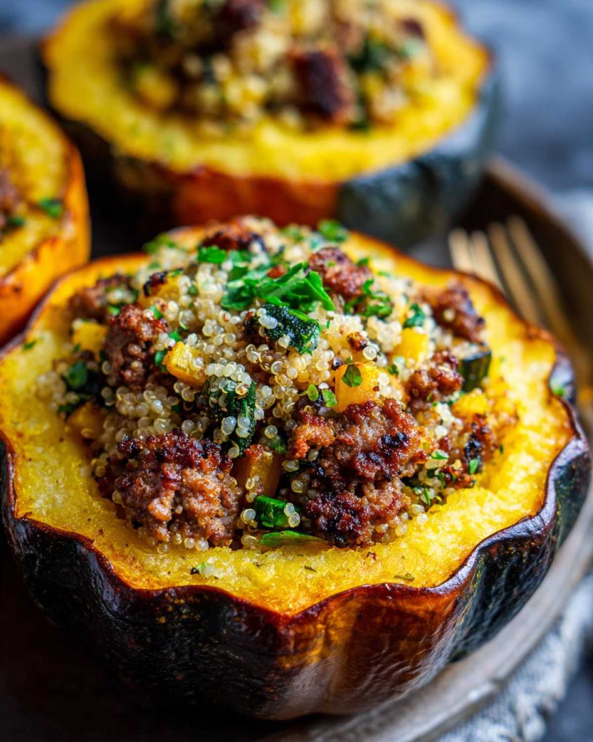 Close-up of a stuffed acorn squash filled with quinoa, vegetables, and herbs. A healthy and delicious meal.