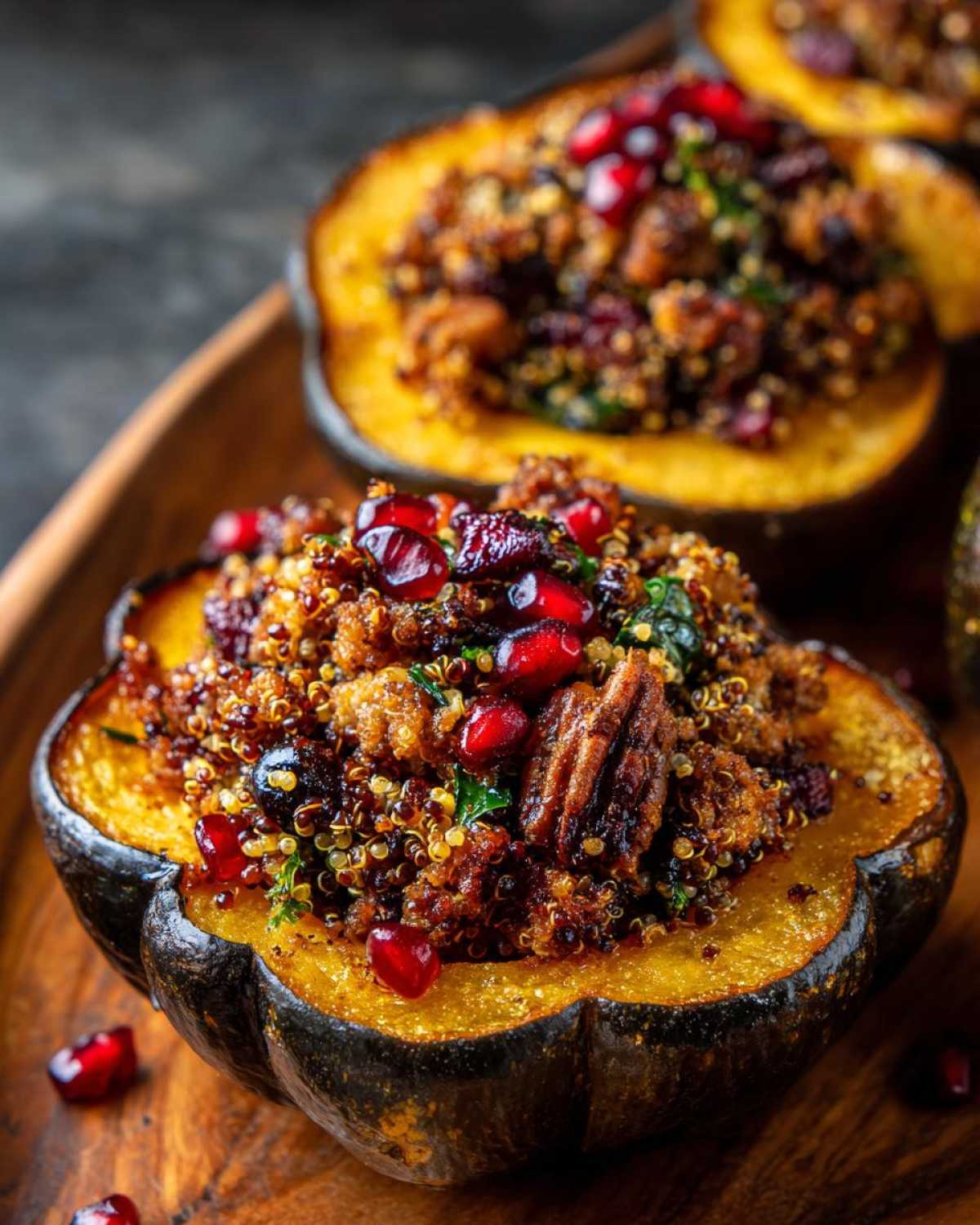 Close-up of a stuffed acorn squash filled with quinoa, cranberries, pecans, and pomegranate seeds.