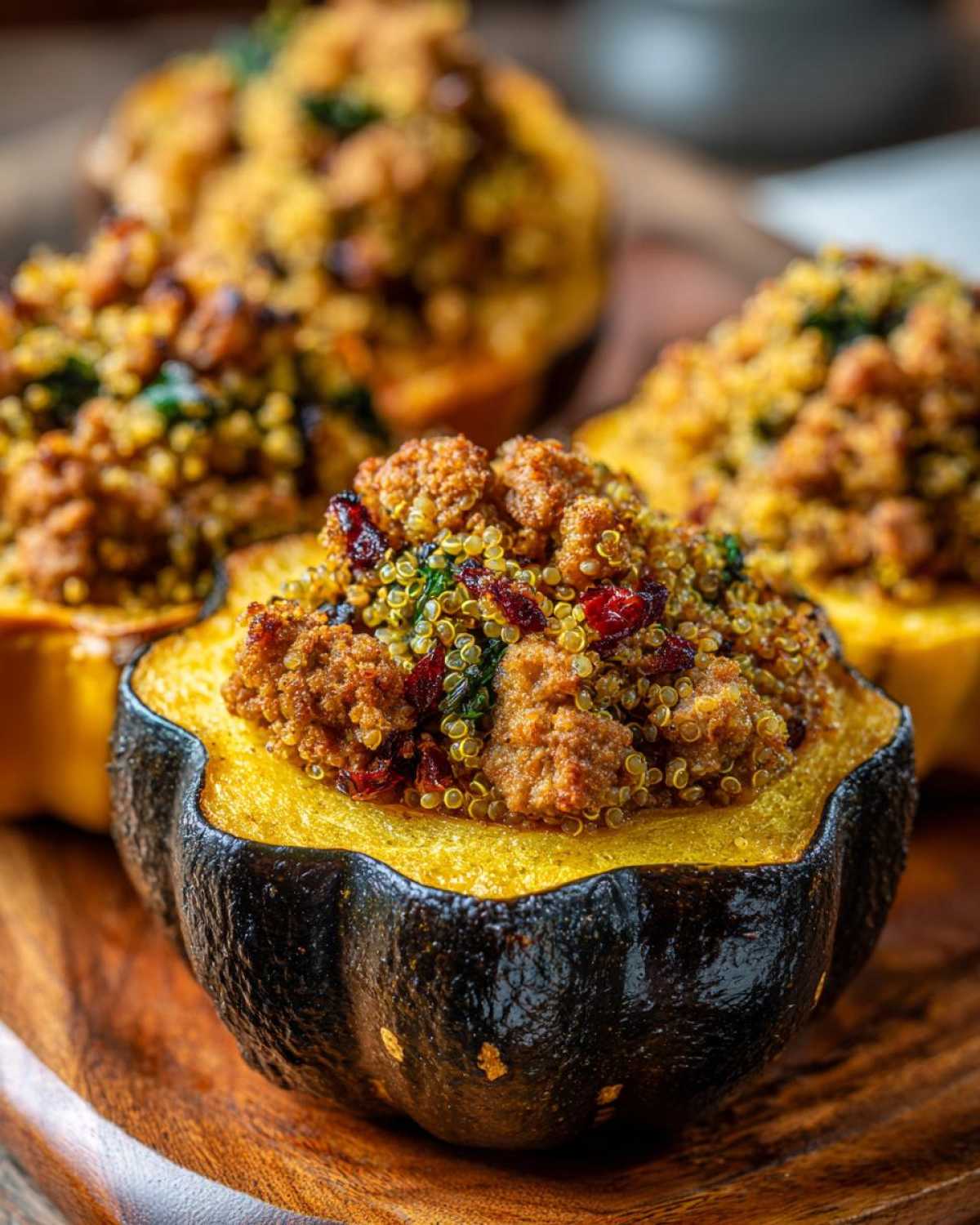 Close-up of stuffed acorn squash filled with quinoa, sausage, cranberries, and herbs.