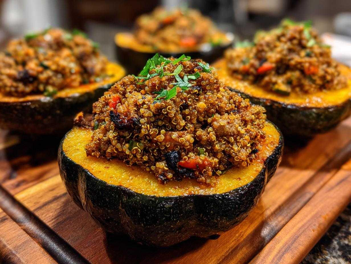 Close-up of stuffed acorn squash halves filled with a quinoa mixture and garnished with fresh herbs.