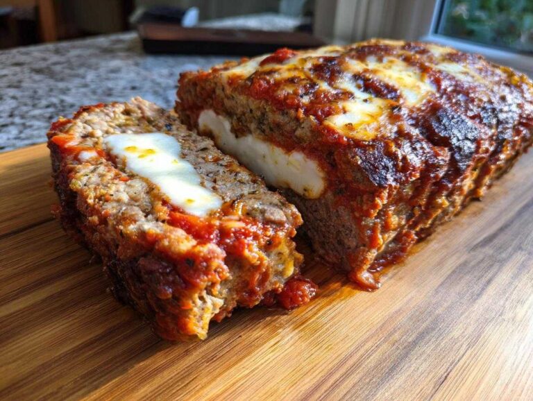 A delicious slice of stuffed Italian meatloaf with melted mozzarella cheese on a wooden cutting board.
