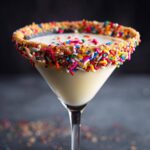Close-up of a sugar cookie martini in a glass with a sprinkle-covered rim.