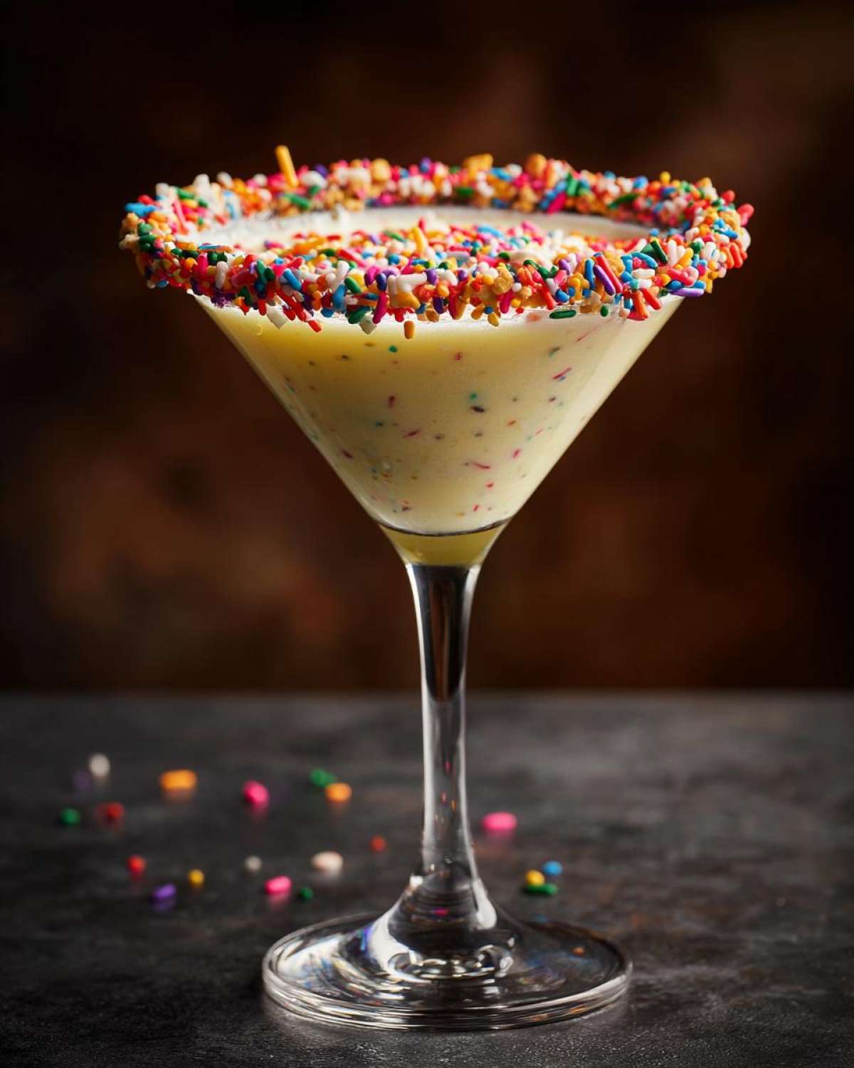 A sugar cookie martini in a glass with a sprinkle-covered rim, set against a dark background.