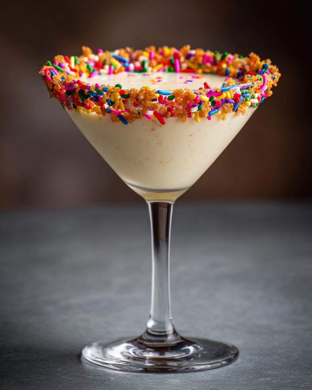 A sugar cookie martini in a glass with a sprinkle-covered rim. Delicious and festive!