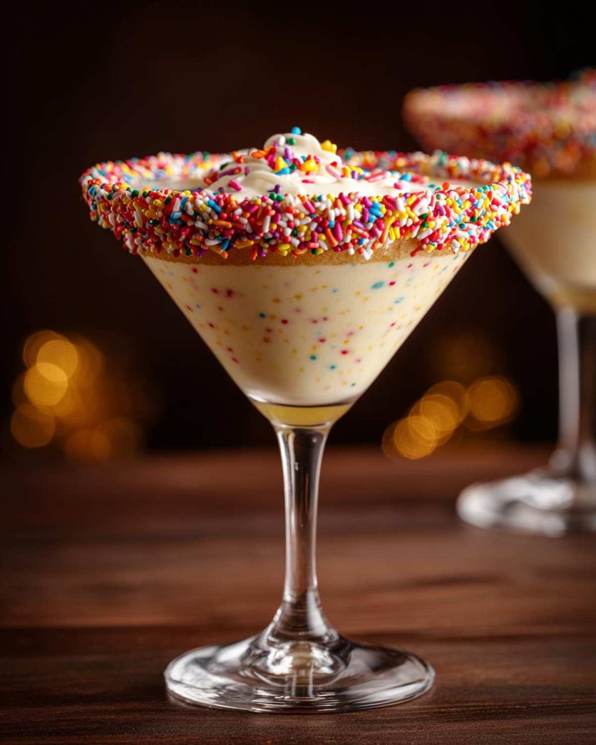 A sugar cookie martini in a glass rimmed with sprinkles and topped with whipped cream.