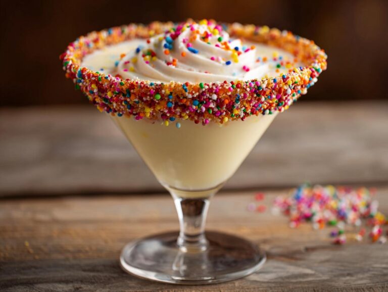 A sugar cookie martini in a sprinkle-rimmed glass, topped with whipped cream and more sprinkles.