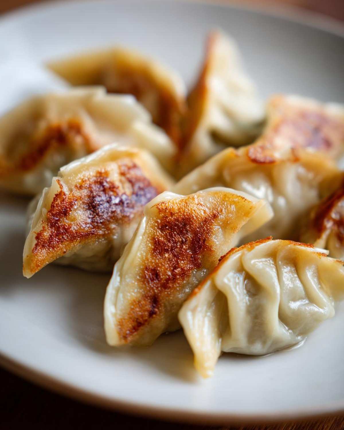 Close-up of pan-fried Traditional Chinese Dumplings on a white plate, showcasing their golden-brown bottoms and delicate pleats.