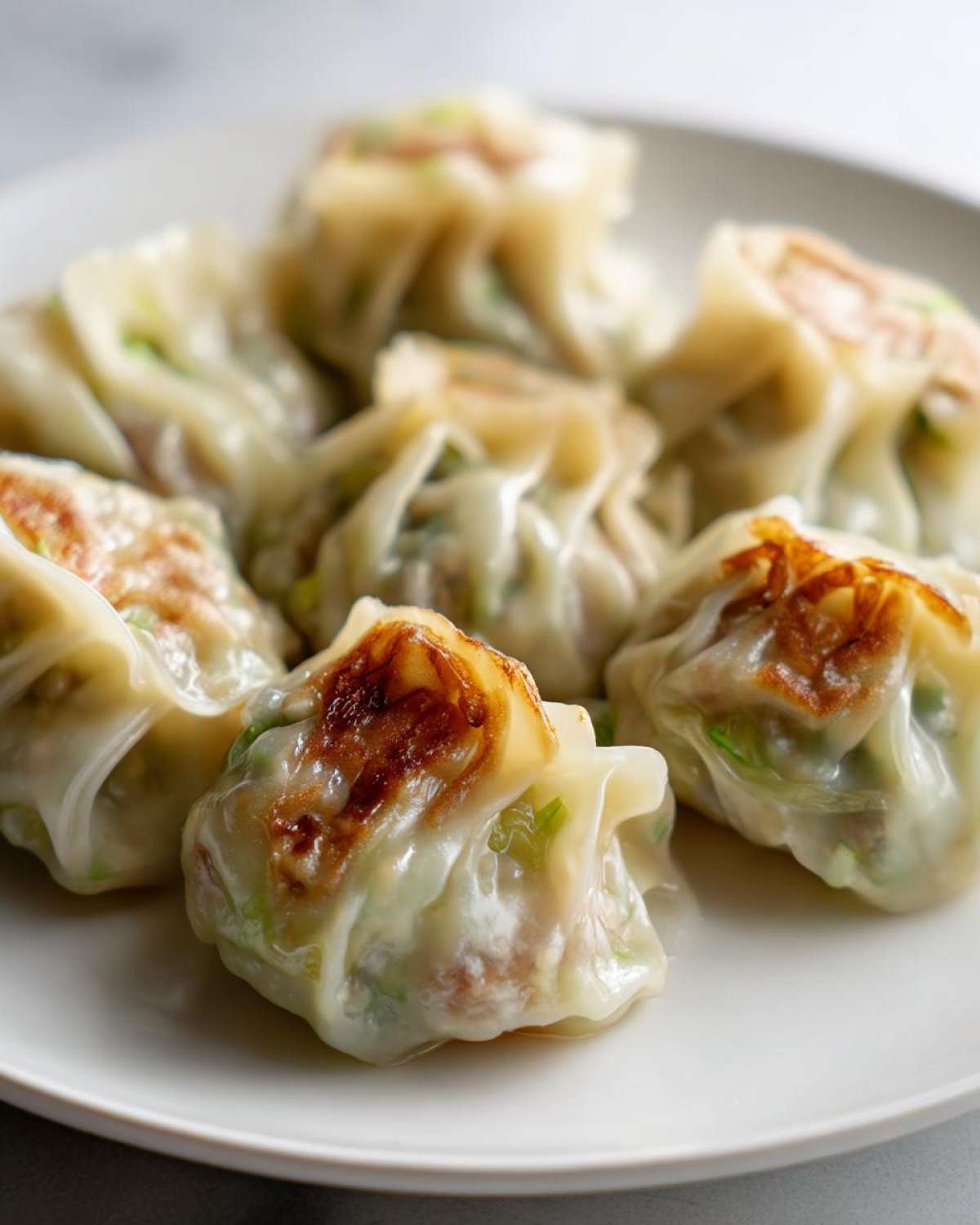 Close-up of several Traditional Chinese Dumplings served on a white plate, some browned from cooking.