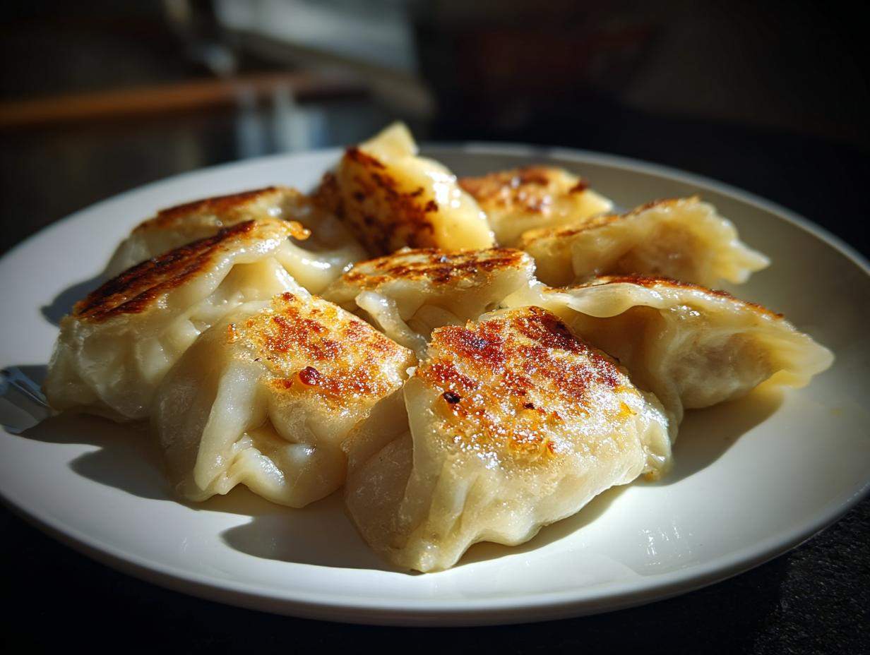 A plate of golden-brown Traditional Chinese Dumplings, pan-fried to perfection, ready to be enjoyed.