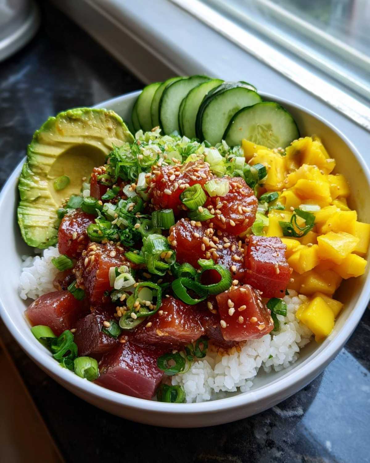 A vibrant Tuna Poke Bowl filled with tuna, rice, avocado, mango, and cucumber.