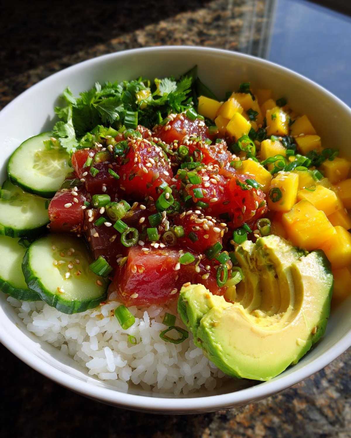 A vibrant Tuna Poke Bowl with tuna, rice, avocado, mango, cucumber, and herbs, sprinkled with sesame seeds.