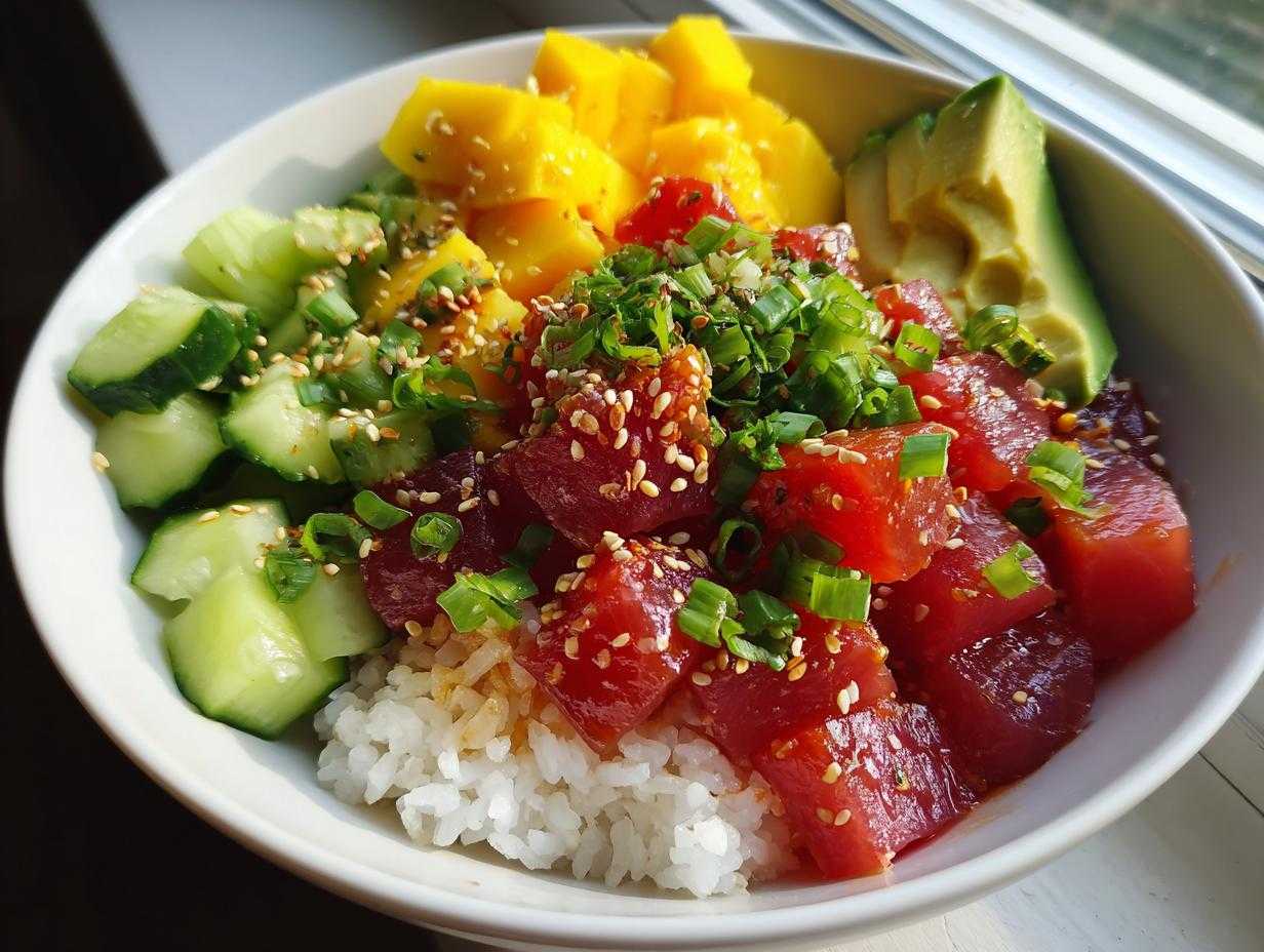 A vibrant Tuna Poke Bowl with rice, tuna, mango, avocado, and cucumber, garnished with sesame seeds and scallions.