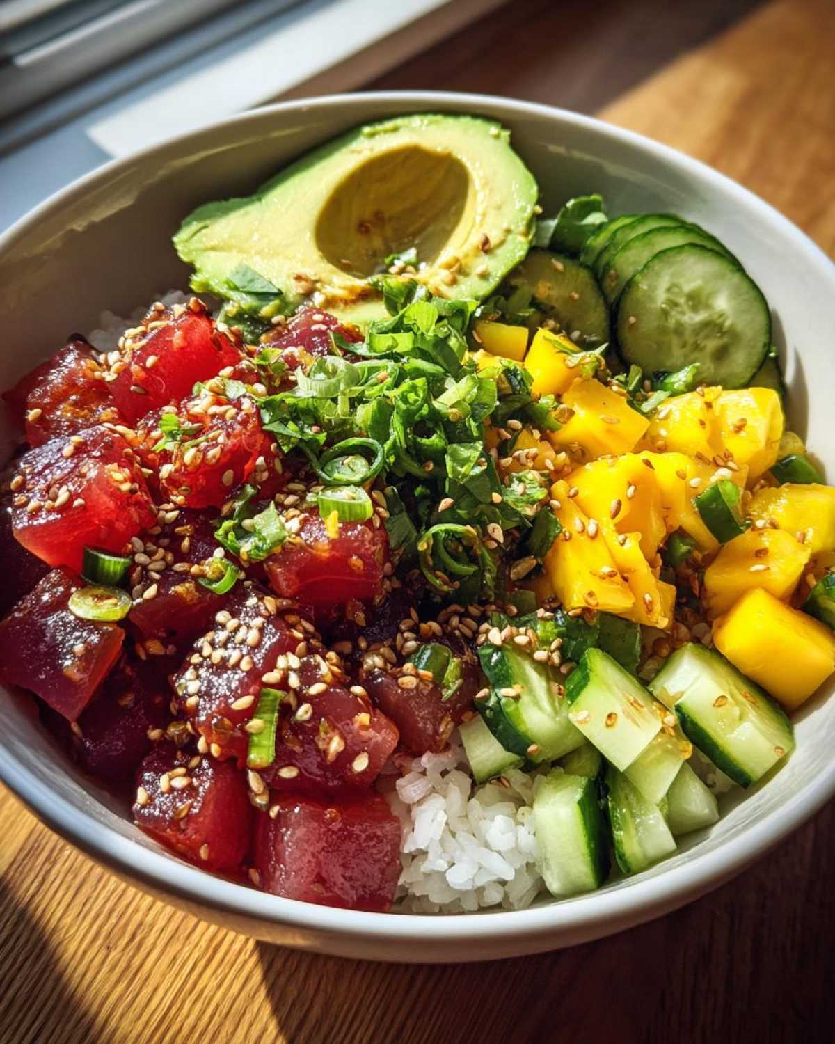 A vibrant Tuna Poke Bowl with tuna, mango, avocado, cucumber, and rice, sprinkled with sesame seeds and green onions.