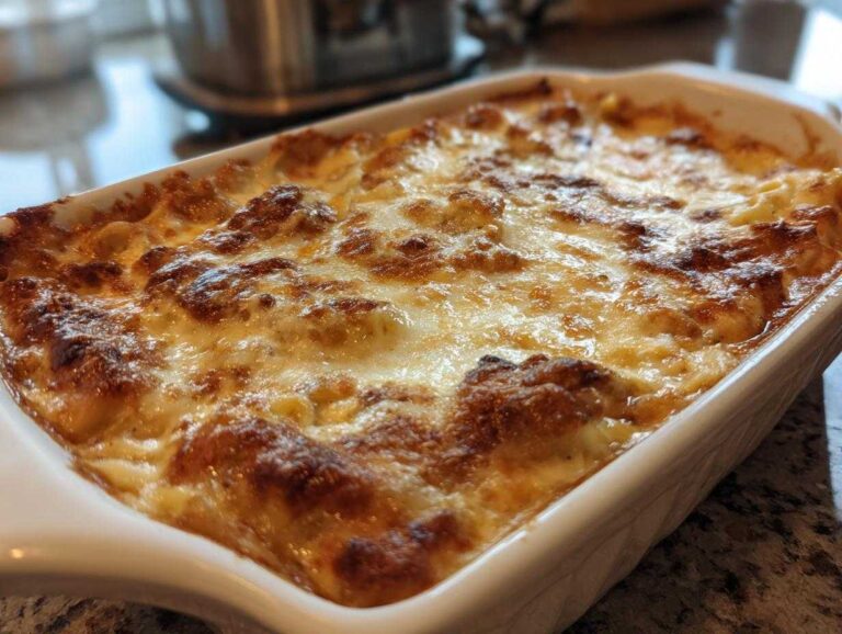 A baking dish filled with creamy white lasagna soup, topped with melted cheese and golden-brown edges.