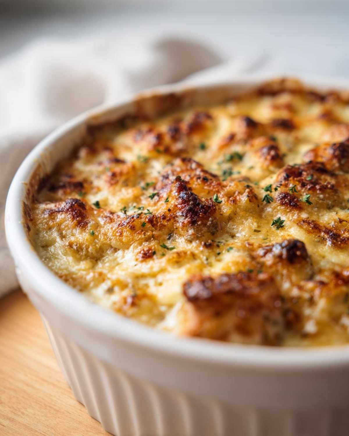 Close-up of white lasagna soup in a white baking dish, topped with melted cheese and herbs.