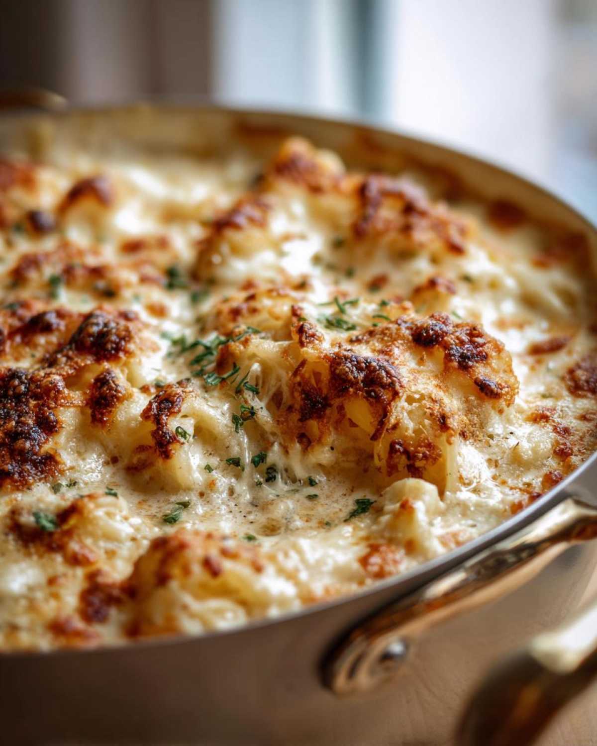 Close-up of creamy white lasagna soup in a pot, topped with melted cheese and fresh herbs.