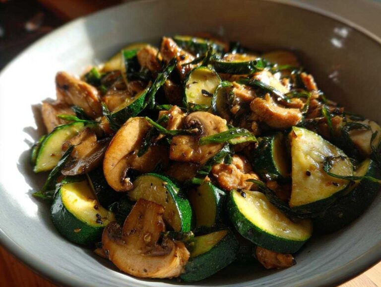 A bowl of zucchini mushroom chicken stir fry, featuring sliced zucchini, mushrooms, and chicken pieces.