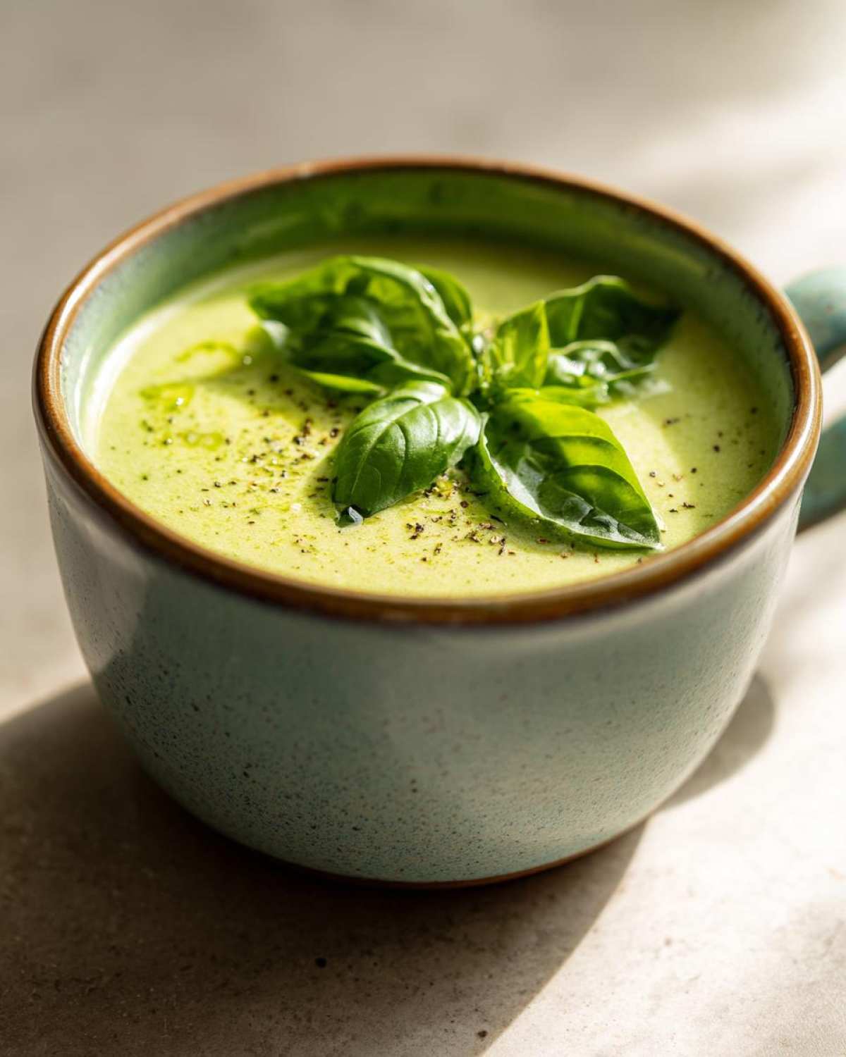 Close-up of creamy green zucchini soup in a blue mug, garnished with fresh basil leaves.