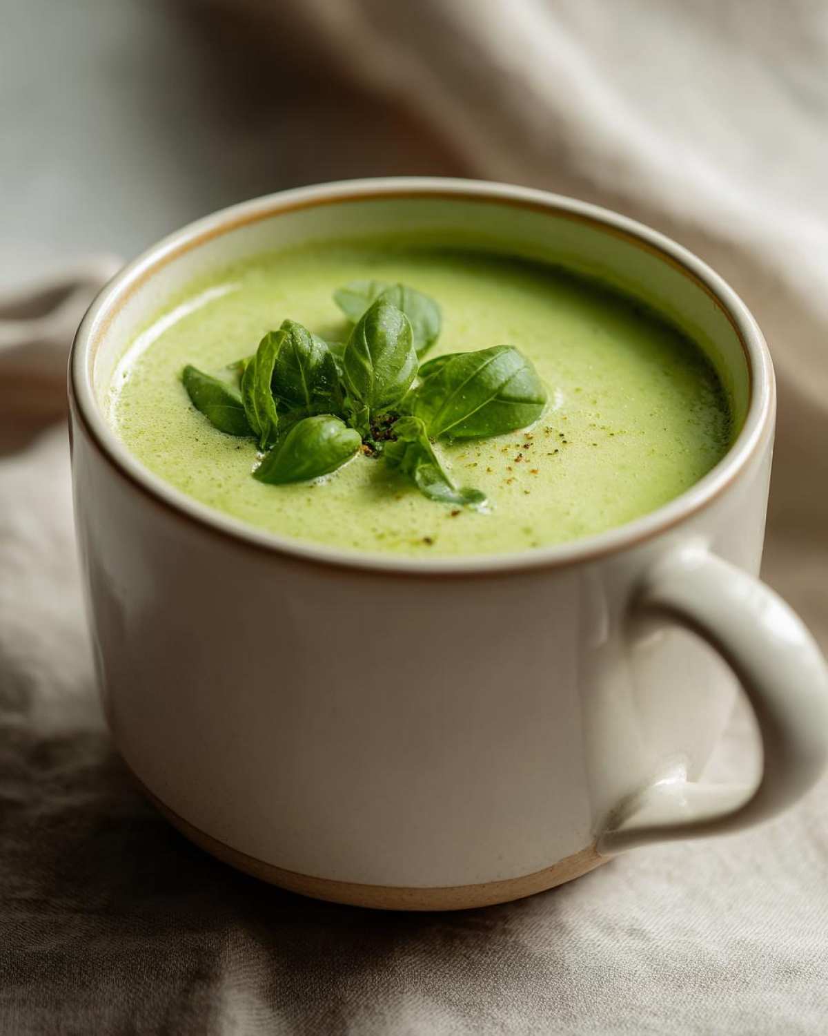 Close-up of creamy green zucchini soup in a mug, garnished with fresh basil leaves.