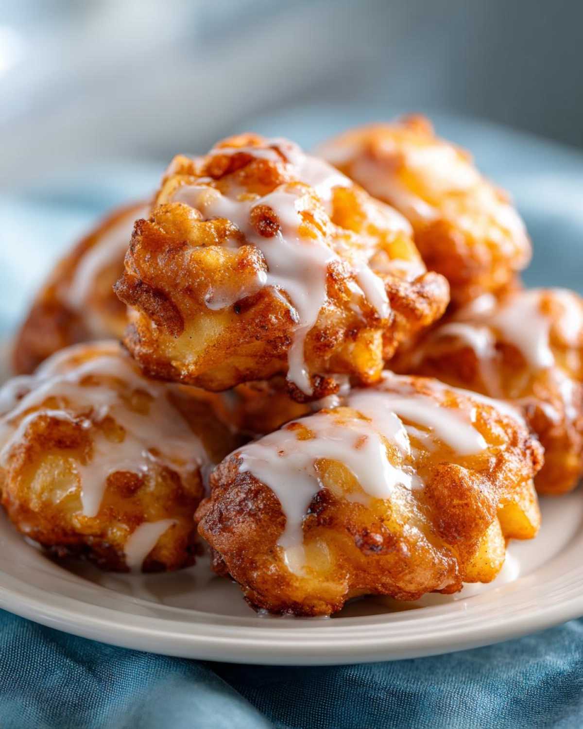 A stack of golden air fryer apple fritters drizzled with a sweet glaze on a white plate.