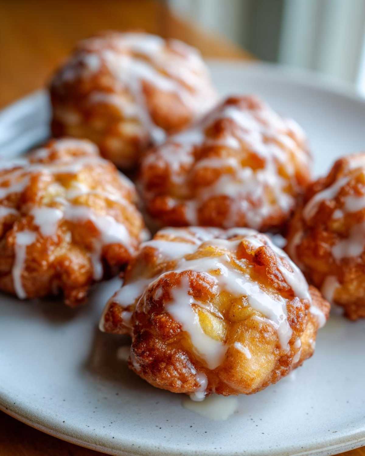 Close-up of glazed air fryer apple fritters on a plate, showcasing their golden-brown texture and sweet topping.